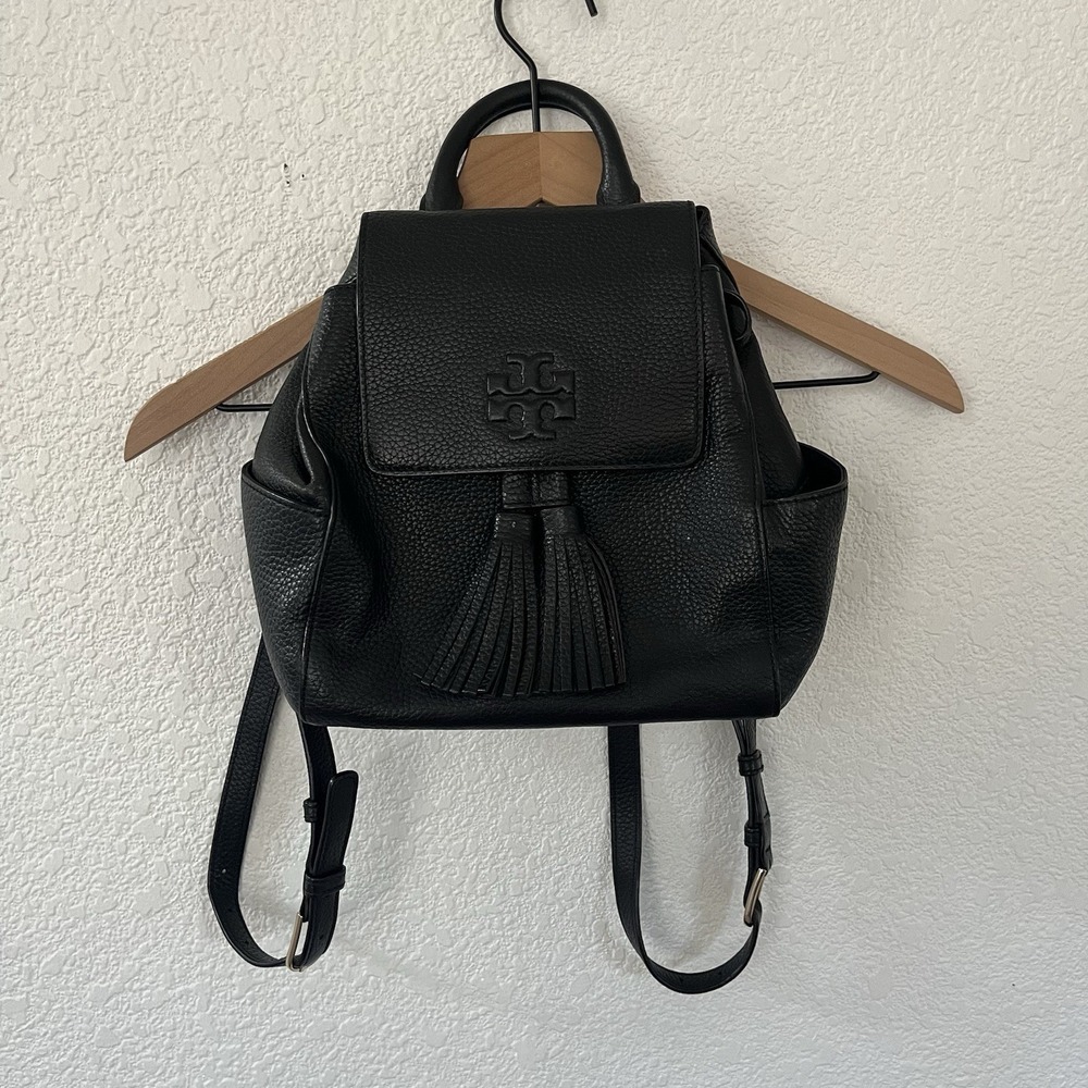 Tory Burch McGraw Black Pebbled Leather Backpack Tassel Double T Logo Stains